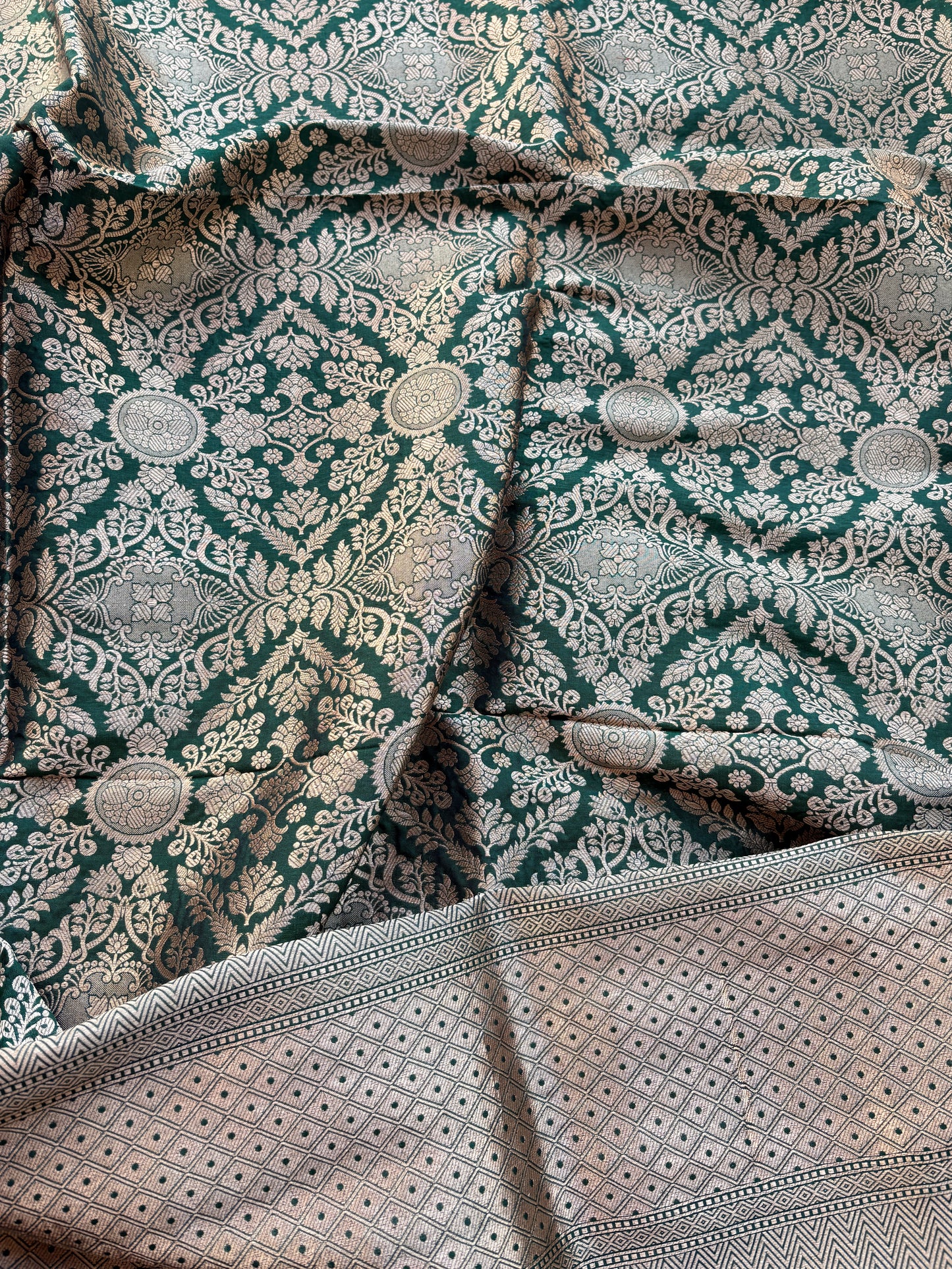 Pink katan silk kurta, bottom and green heavy dupatta