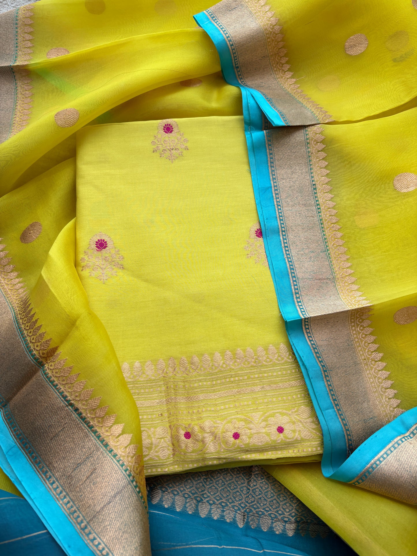 Lime suit with blue shaded dupatta