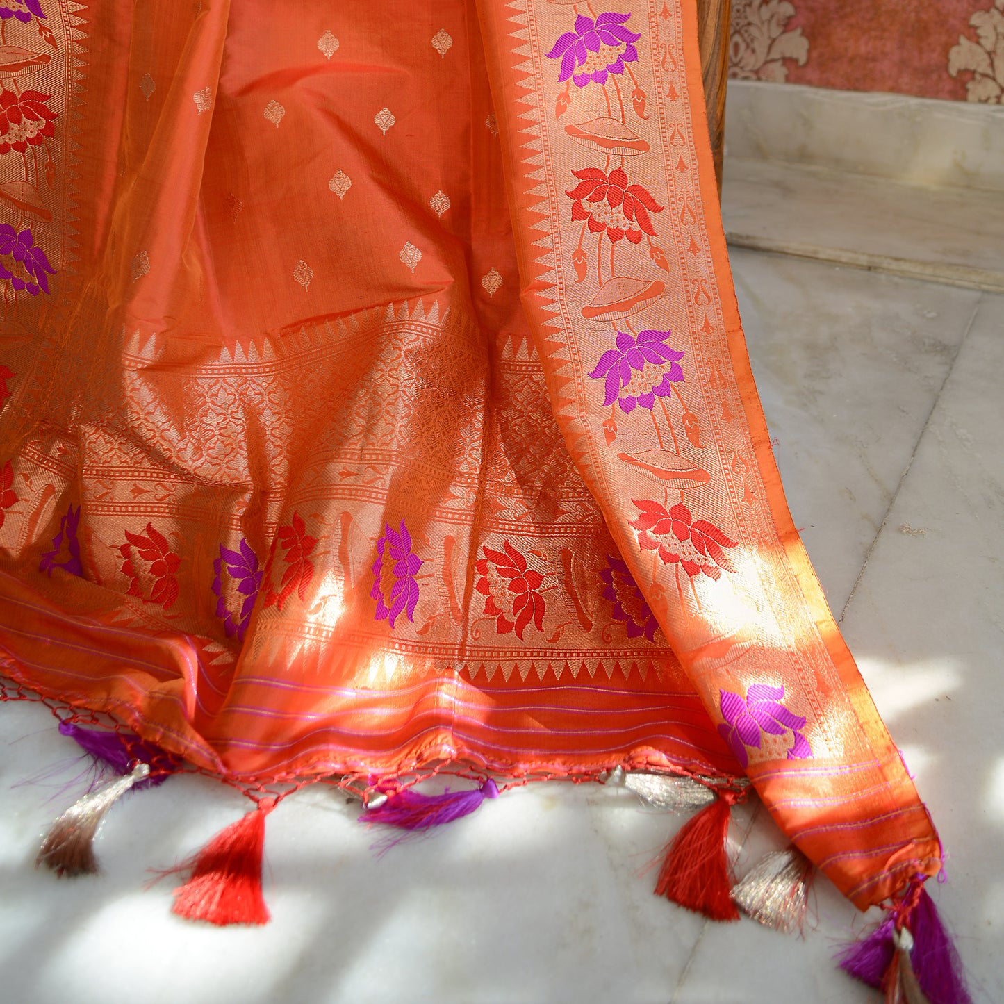 Orange katan silk kadhwa dupatta