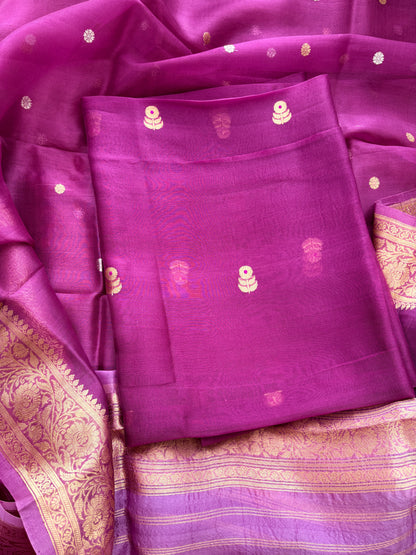 Purple lavender kora silk suit set with shaded dupatta