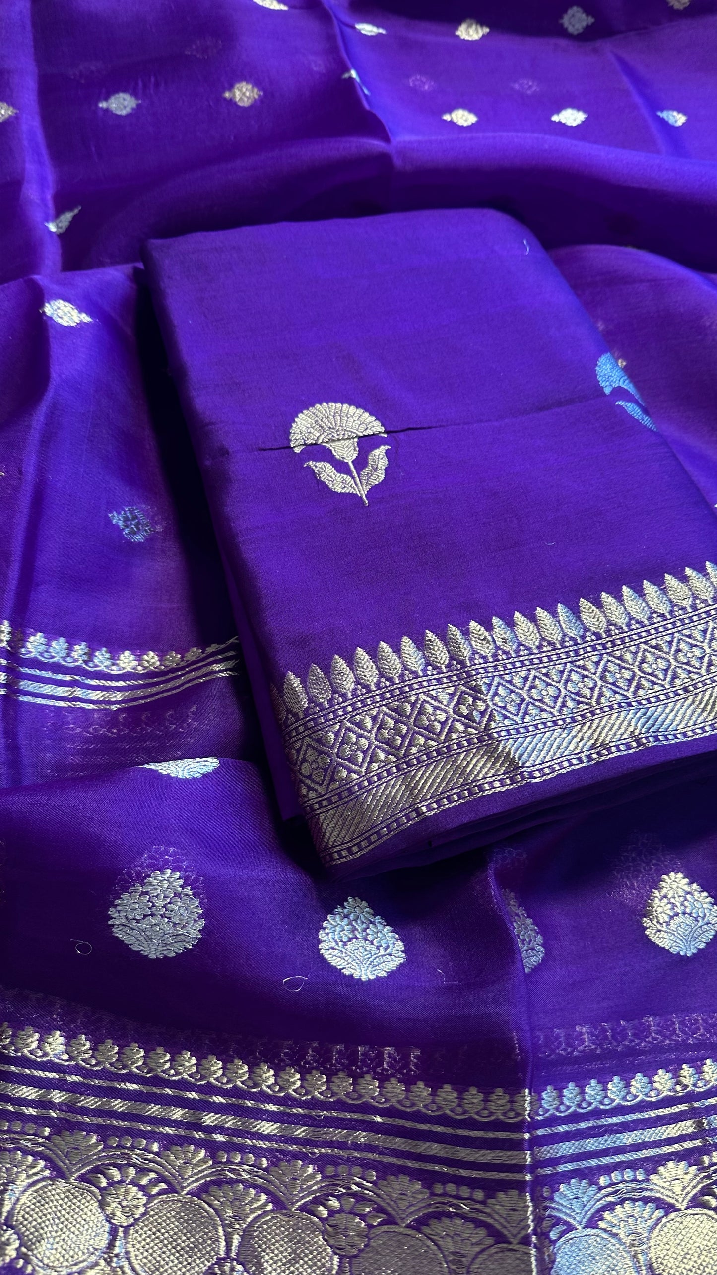 Purple pure chiniya silk kurta, kora silk dupatta, katan silk bottom