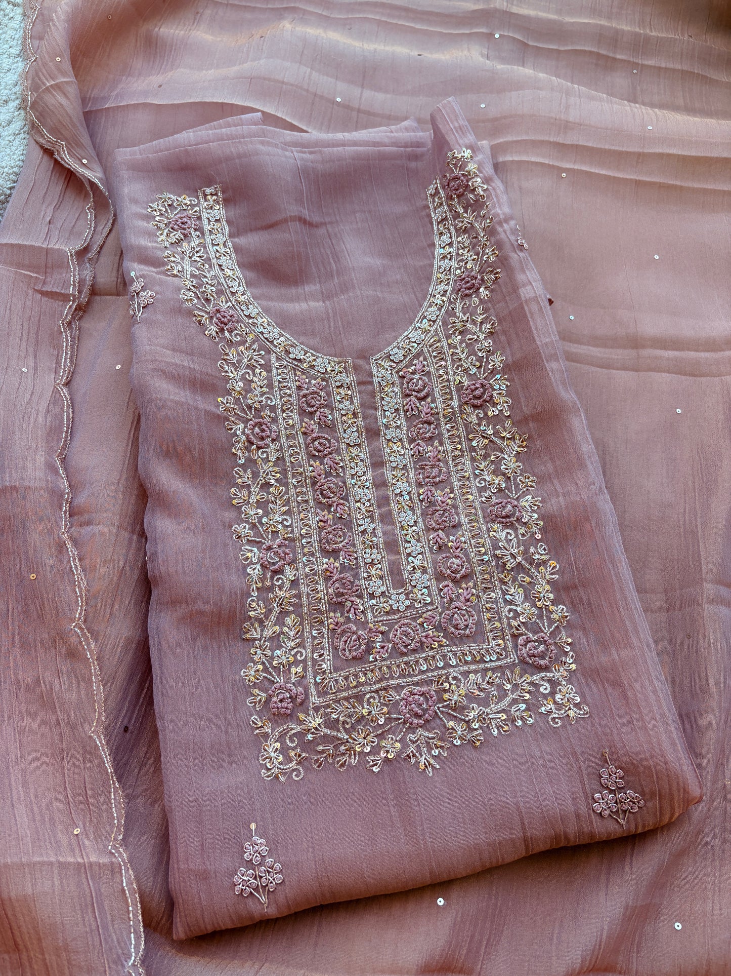 Pink hand embroidered tissue silk suit set