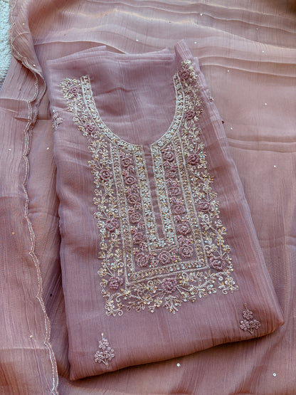 Pink hand embroidered tissue silk suit set