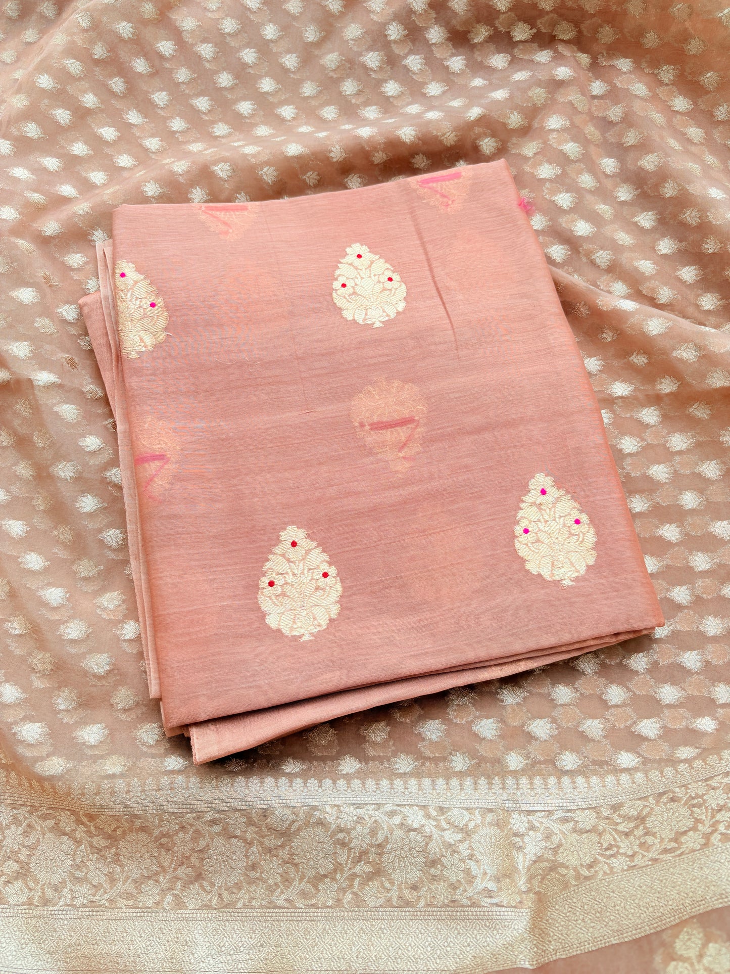 Peach handloom silk suit set with cutwork Kora dupatta