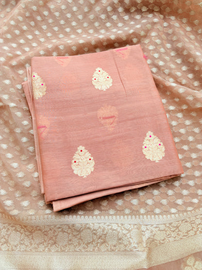 Peach handloom silk suit set with cutwork Kora dupatta