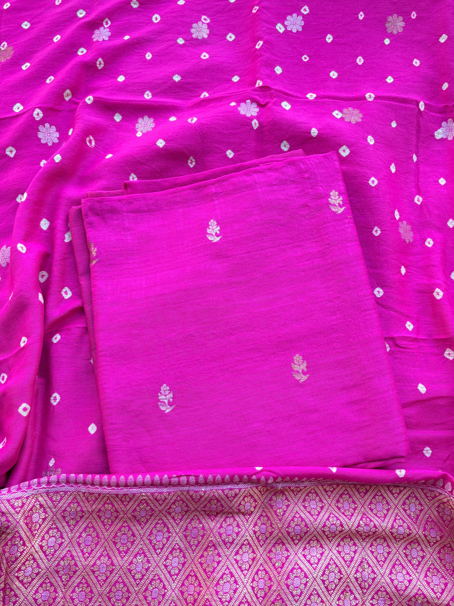 Pink moonga silk kadhwa suit with bandhani dupatta