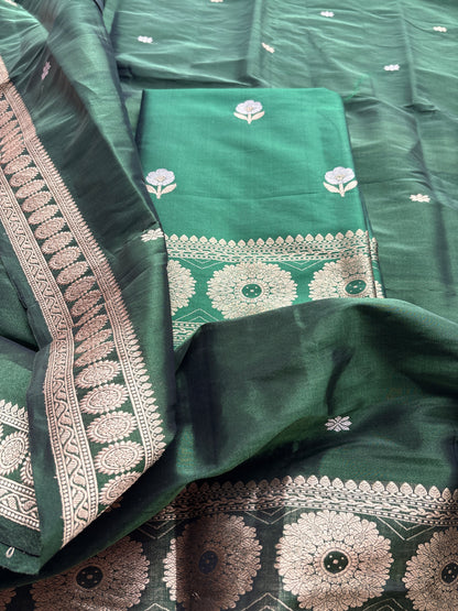 Green katan silk kurta , bottom and tissue kadhwa dupatta
