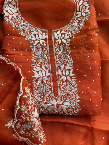 Rust kora silk hand embroidery suit set