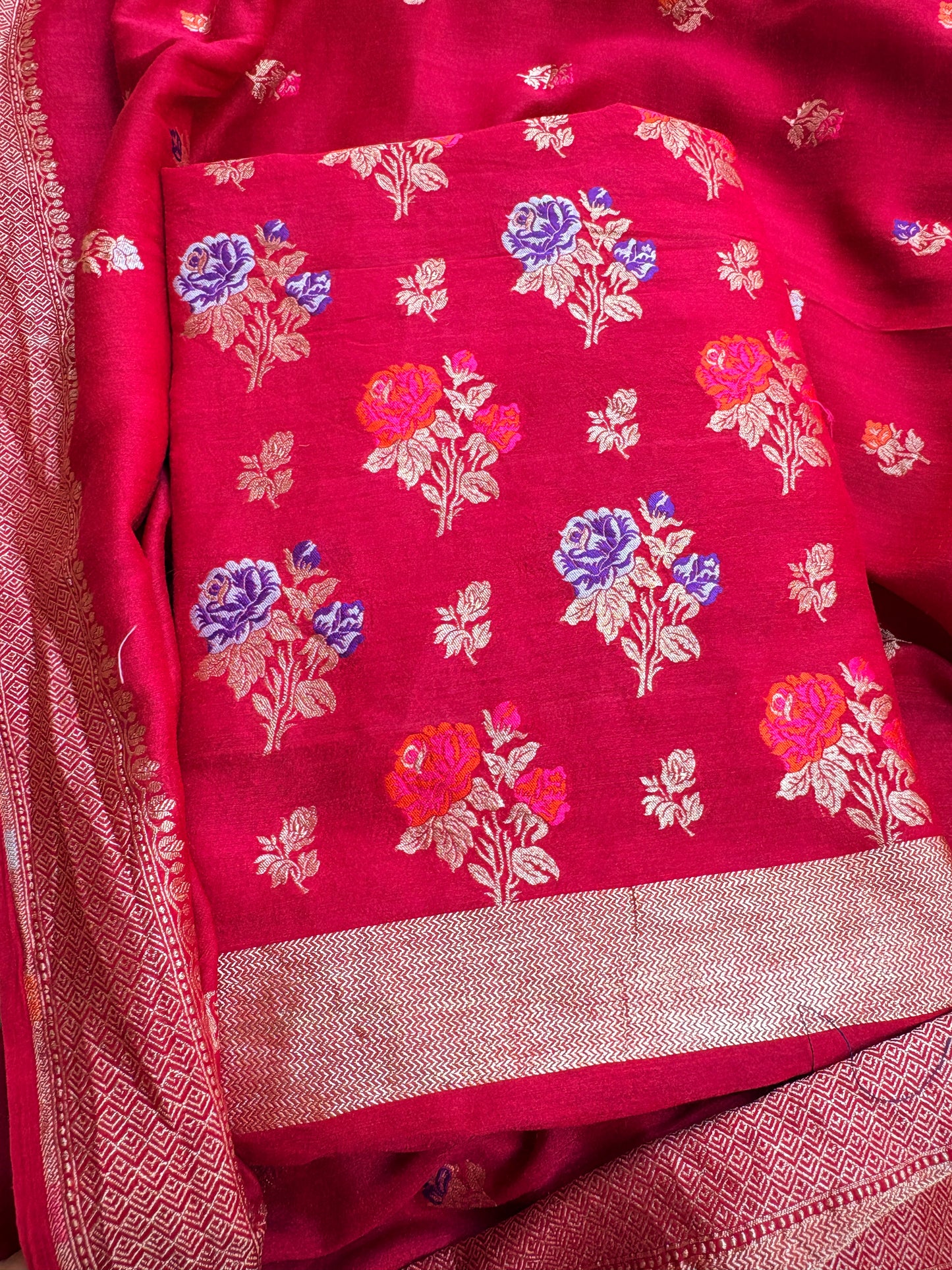 Red moonga silk meenadar flower weaving suit set