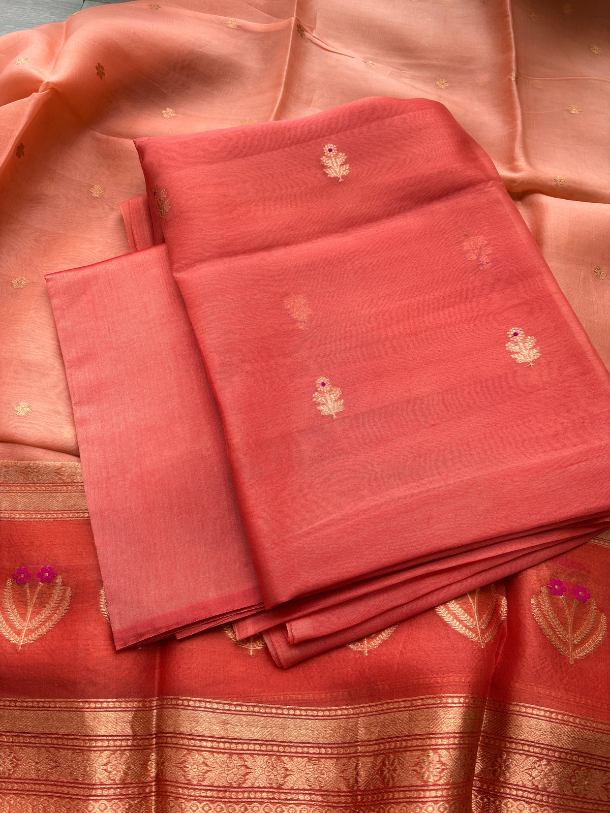 Peach orange kora silk suit set with shaded dupatta