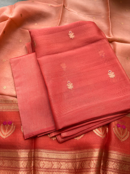 Peach orange kora silk suit set with shaded dupatta