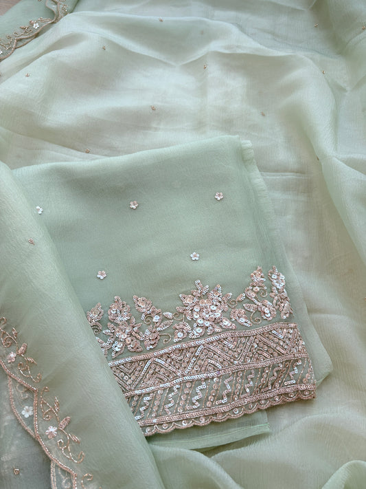 Green hand embroidered tissue suit set