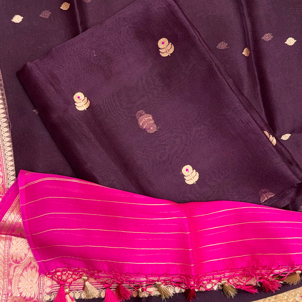 Wine kora suit with magenta shaded dupatta