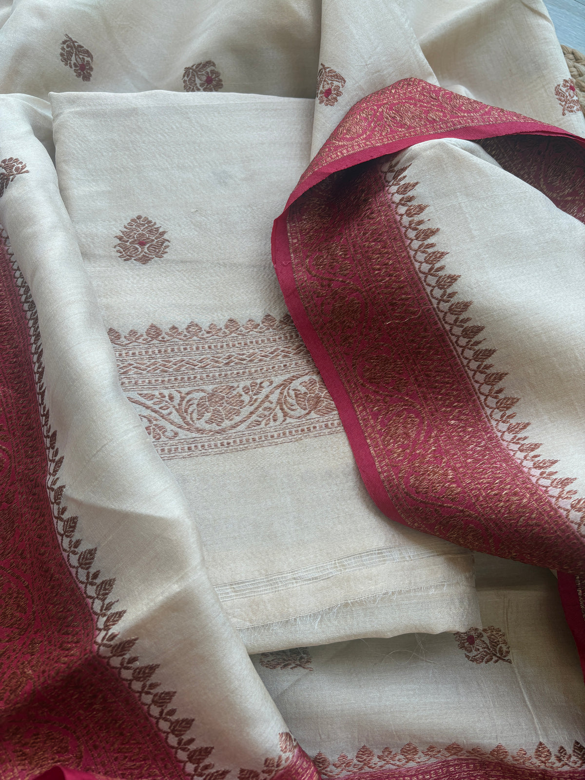 Cream tussar suit with red shaded dupatta