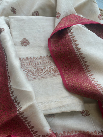 Cream tussar suit with red shaded dupatta