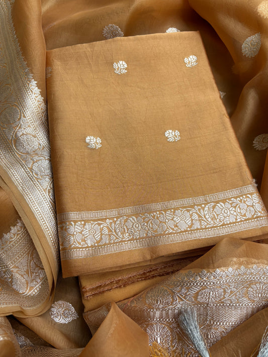 Beige Chiniya silk silver zari suit set