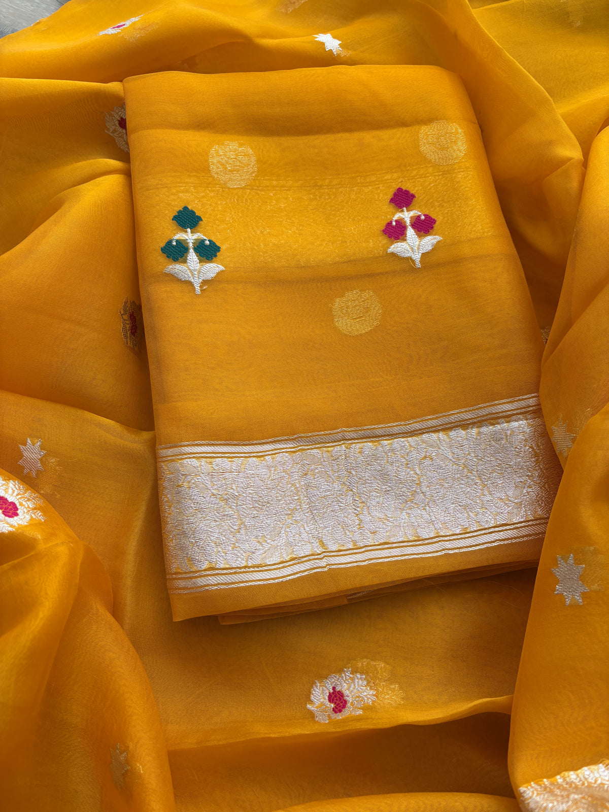 Yellow Kora silk meenadar silver zari suit set