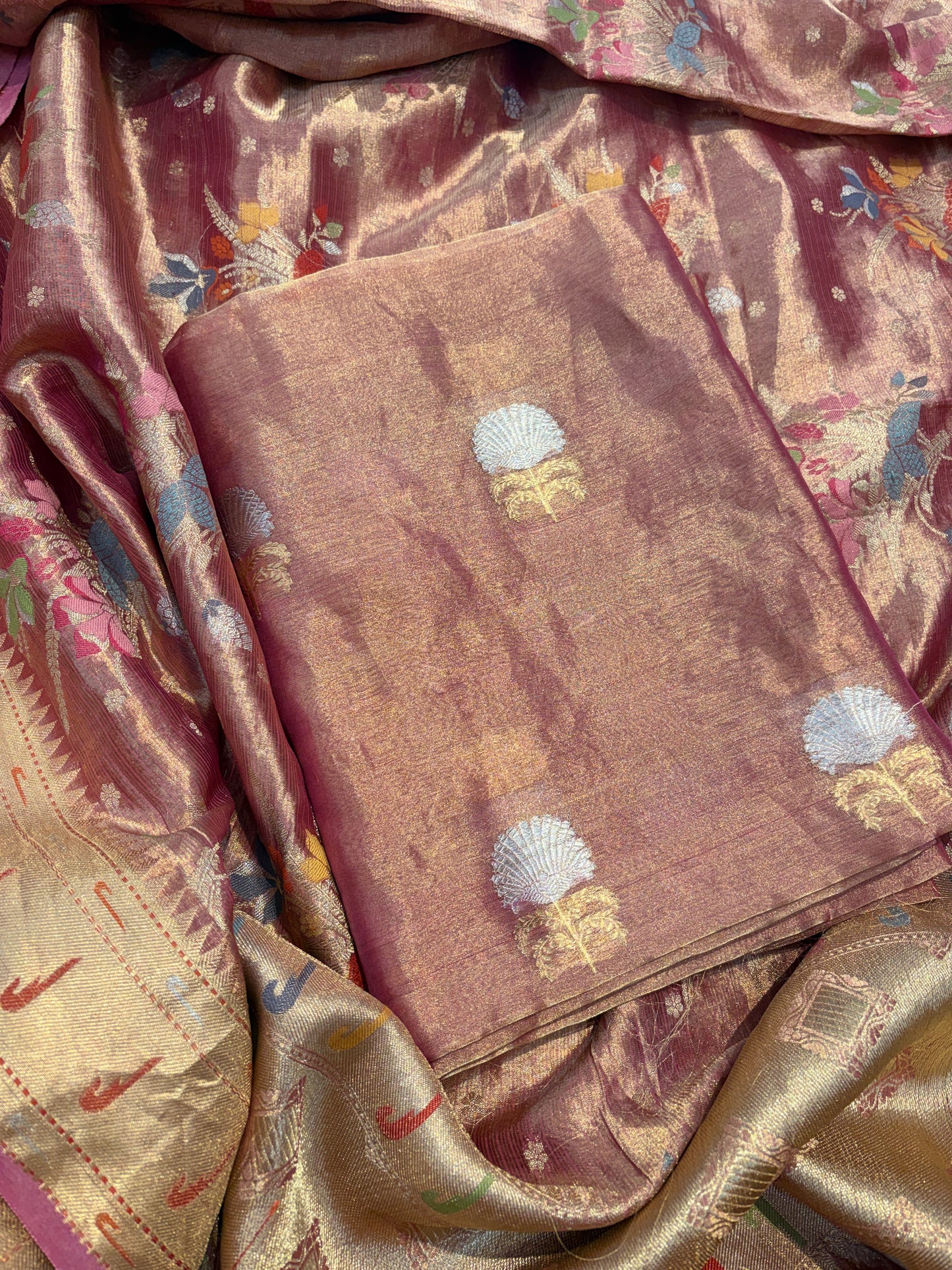 Pink tissue kadhwa suit with jaal dupatta