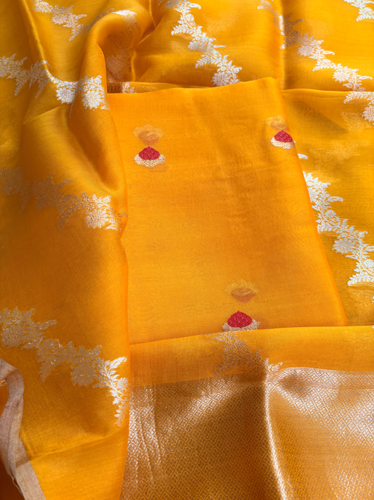 Yellow kora kadhwa silk suit set