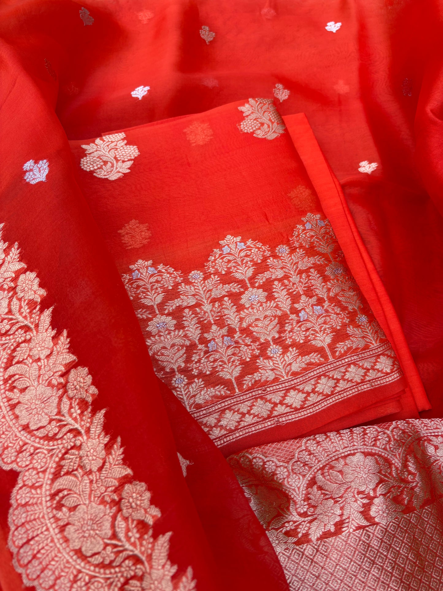 Orange kora kadhwa silk suit set