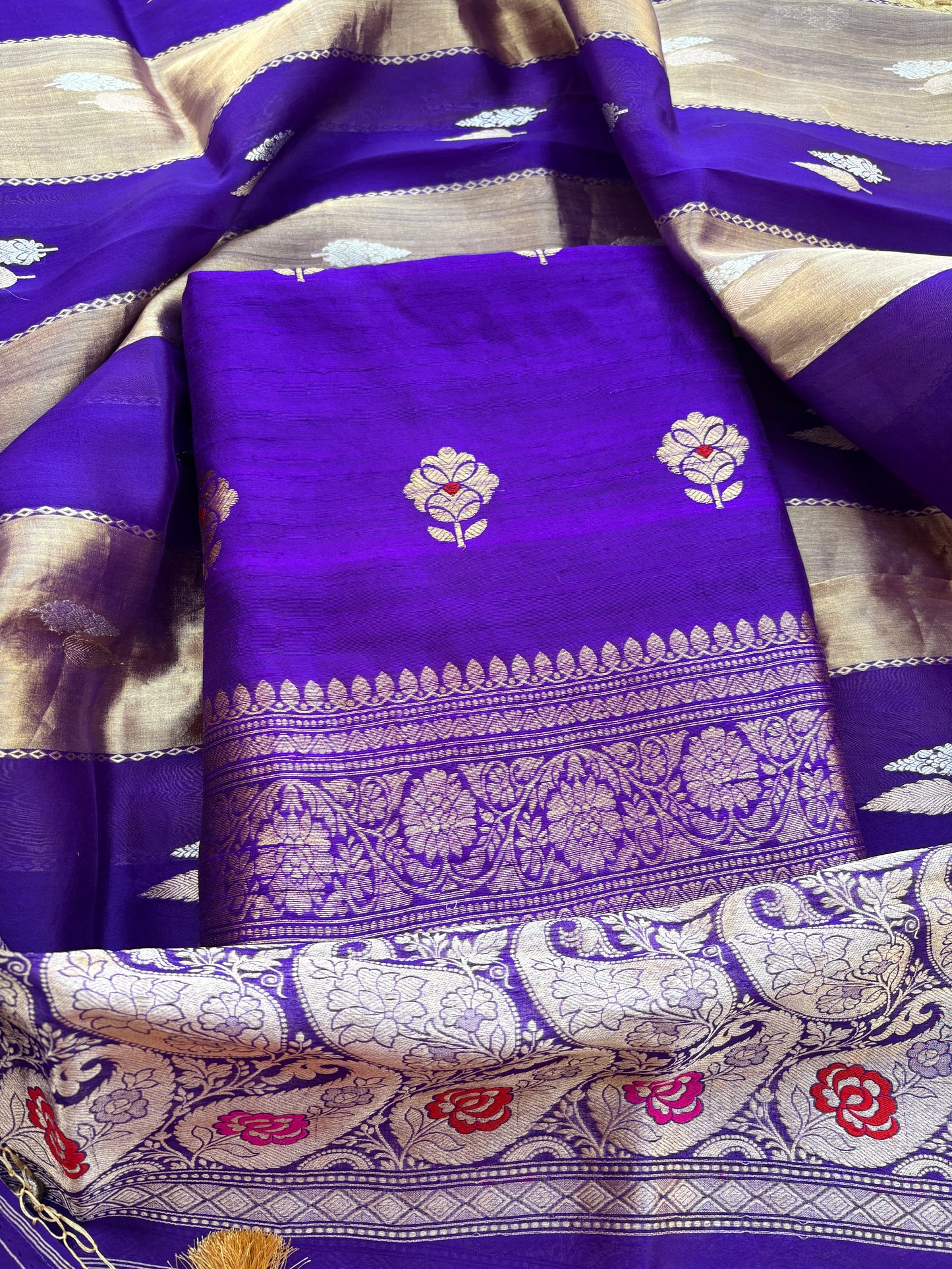Purple raw silk kurta, bottom and kora tissue dupatta