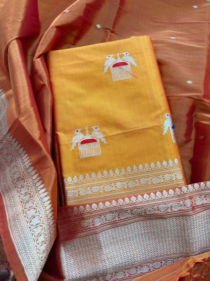 Yellow katan by katan silk with tissue kadhwa dupatta