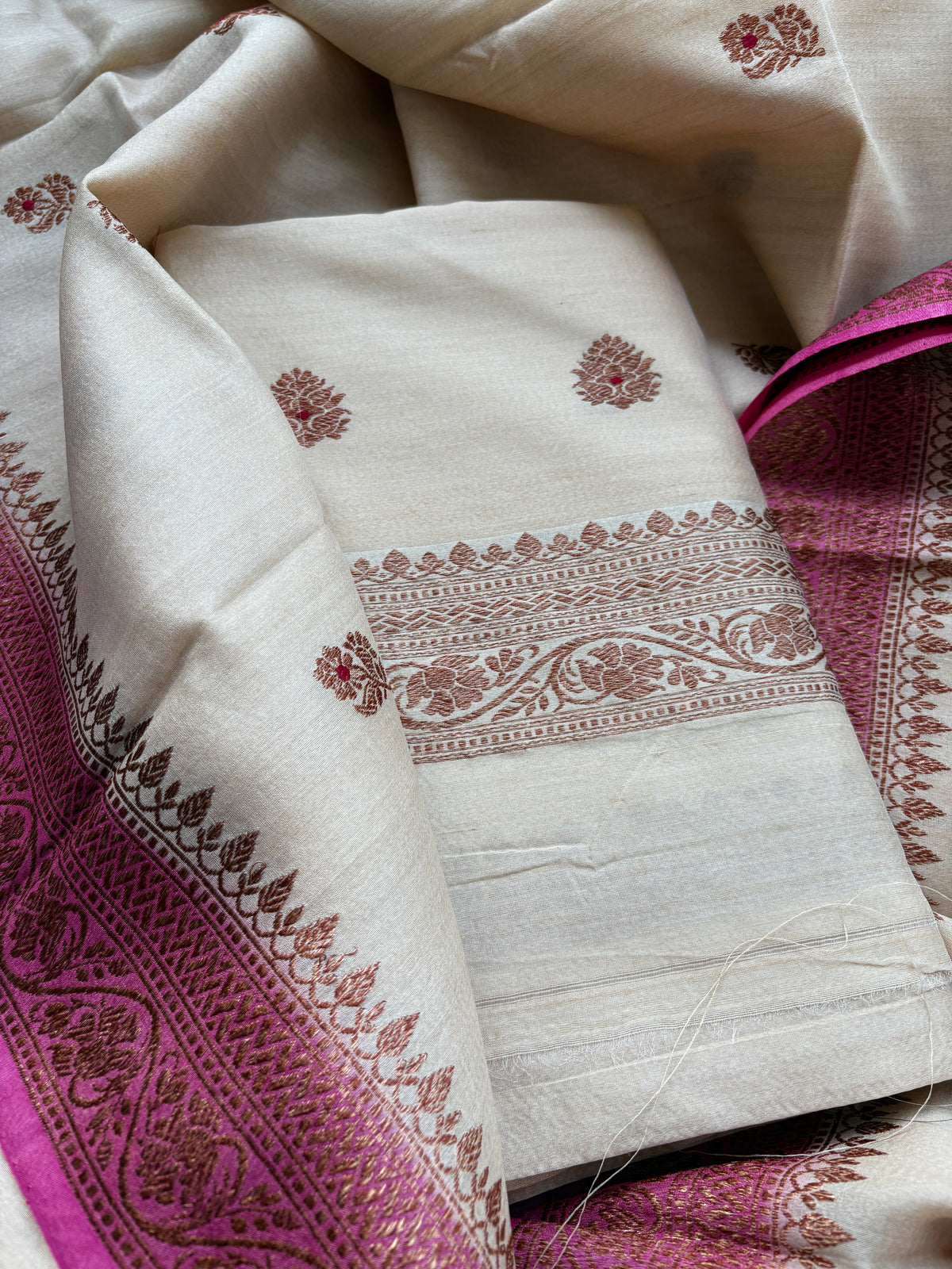 Cream tussar silk suit with pink shaded dupatta