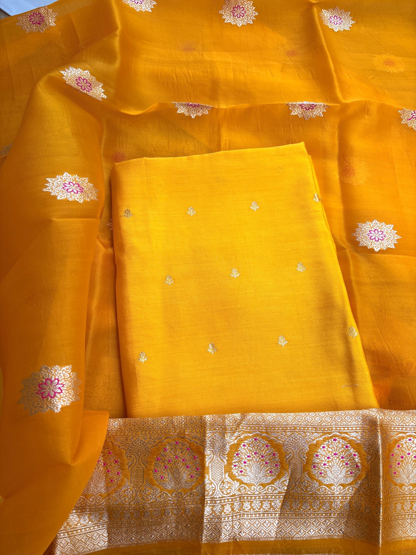 Yellow Chiniya silk kurta , bottom and kora silk dupatta