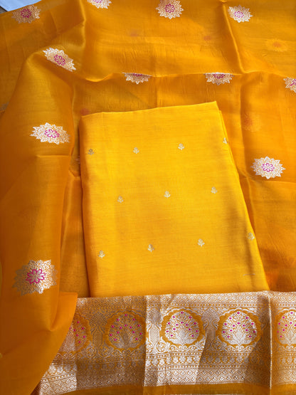 Yellow Chiniya silk kurta , bottom and kora silk dupatta