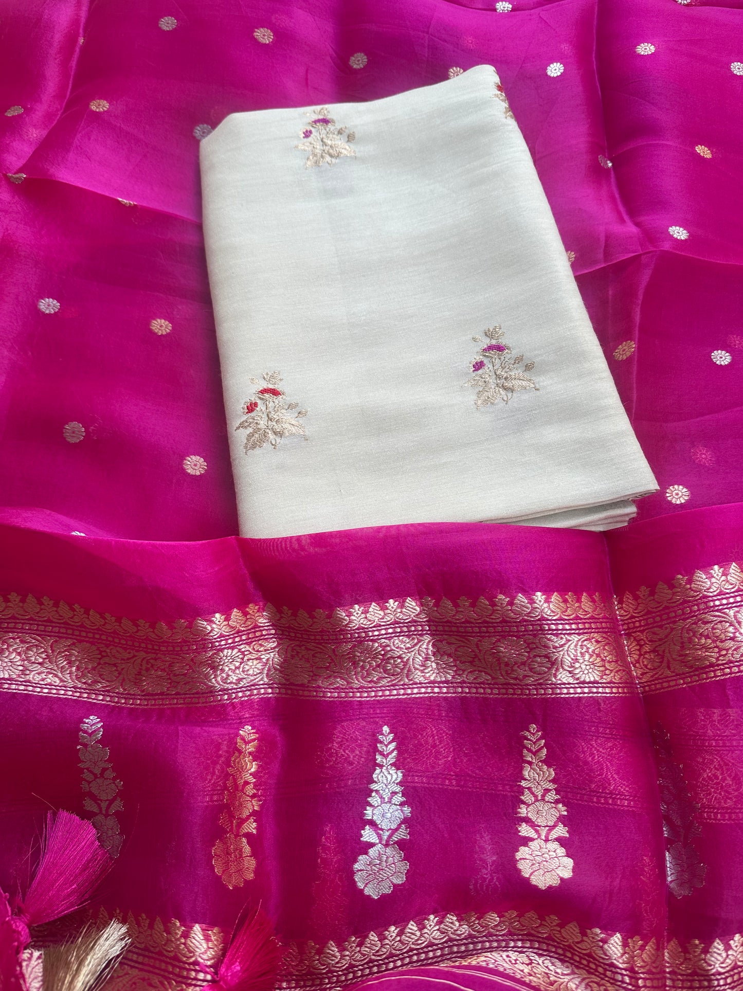 Cream moonga silk kurta, bottom and kora silk dupatta