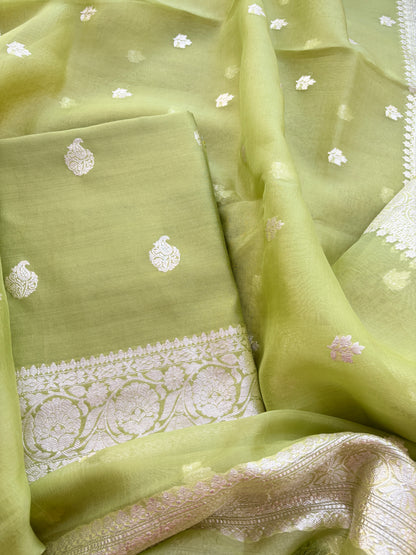 Green Chiniya silk pure silver zari suit set