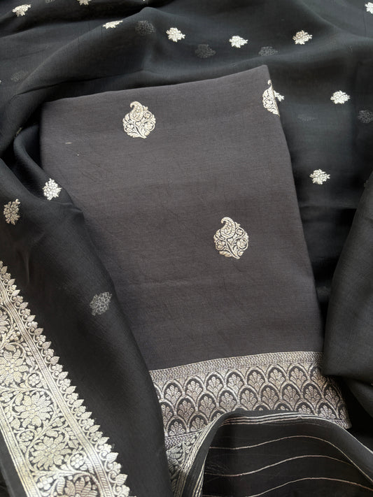 Black Chiniya silk pure silver zari suit set