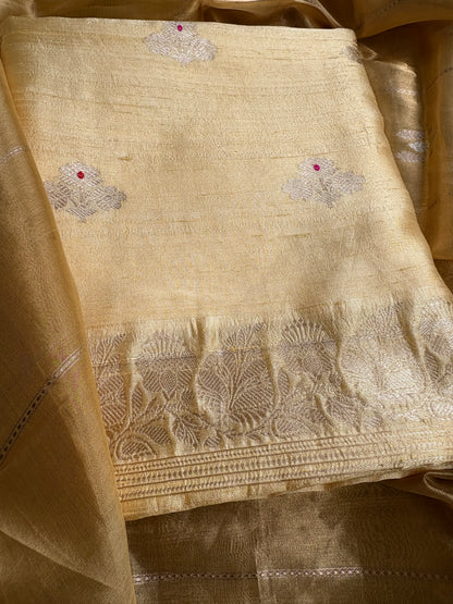 Yellow raw silk kurta, bottom and tissue kadhwa dupatta