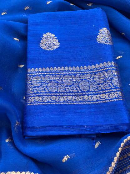 Blue raw silk suit set with kora silk dupatta