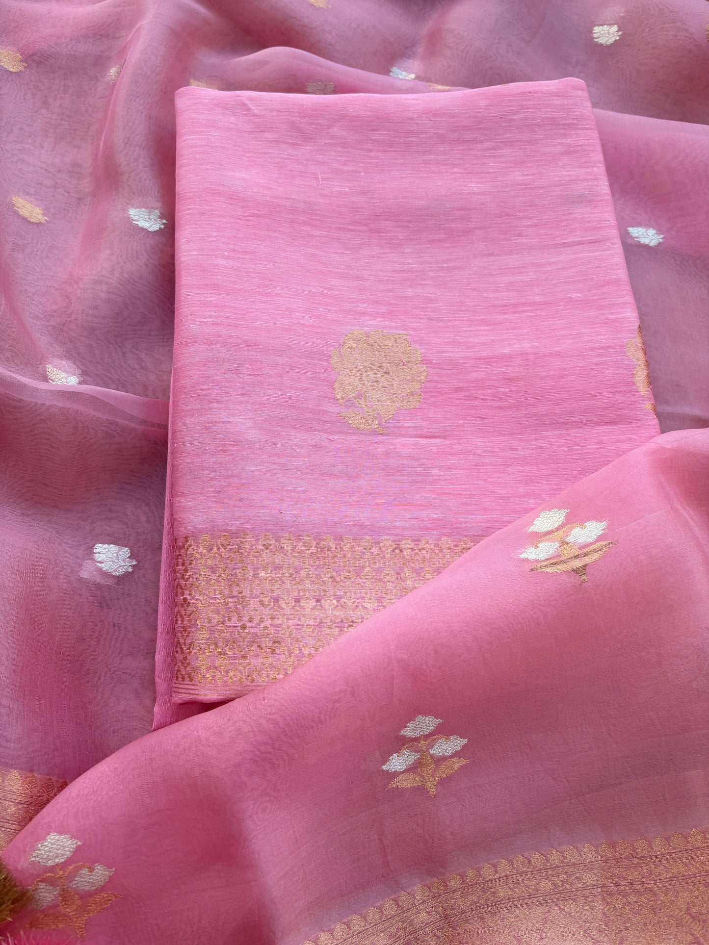 Pink linen silk with kora dupatta suit set