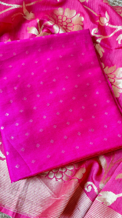 Rani pink moonga silk kurta, moonga bottom, carrot pink dupatta