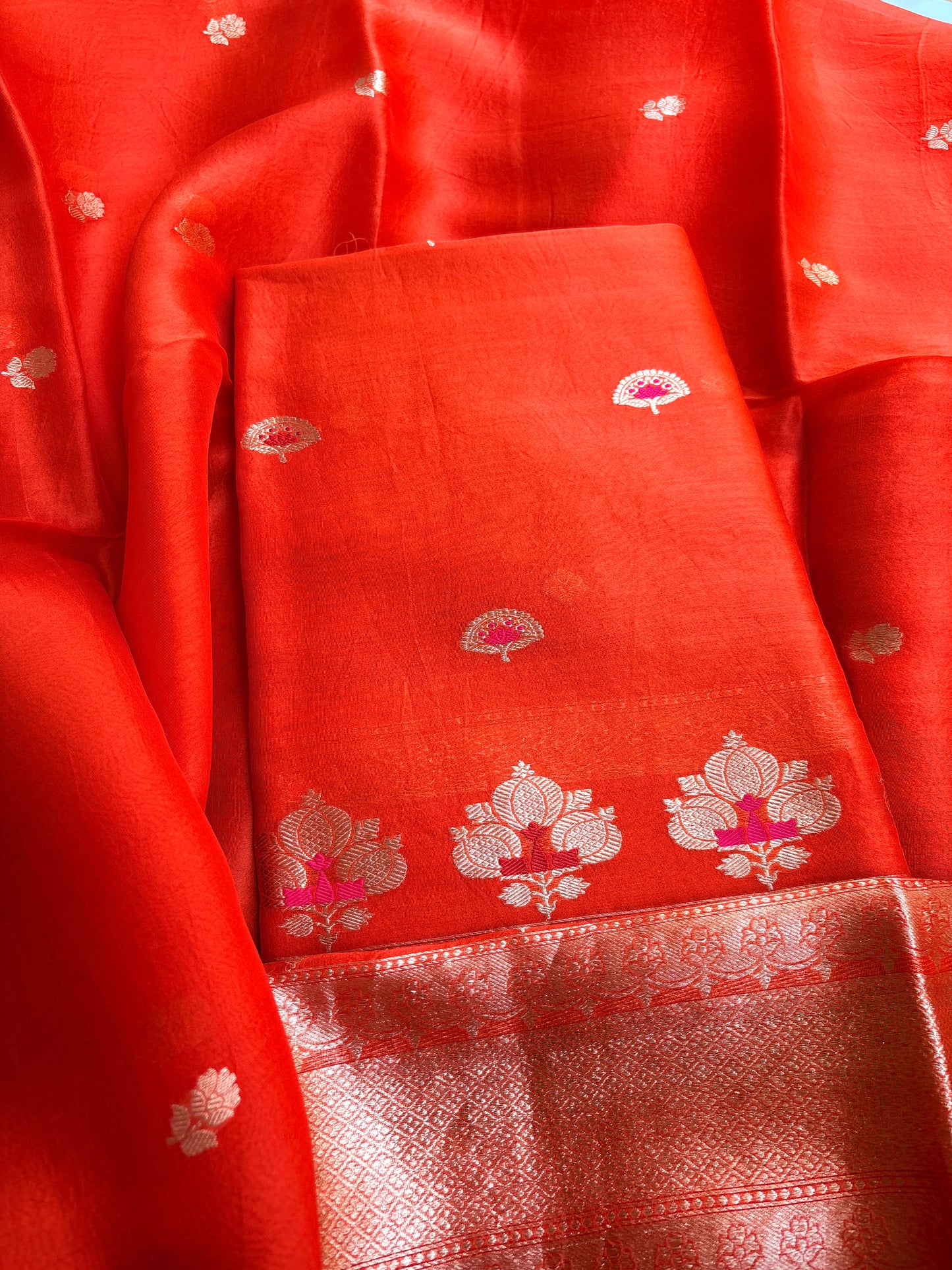 Orange kora kadhwa silk 3 piece suit set
