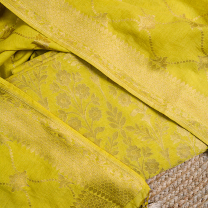 Lime yellow zari weaving Chanderi suit set
