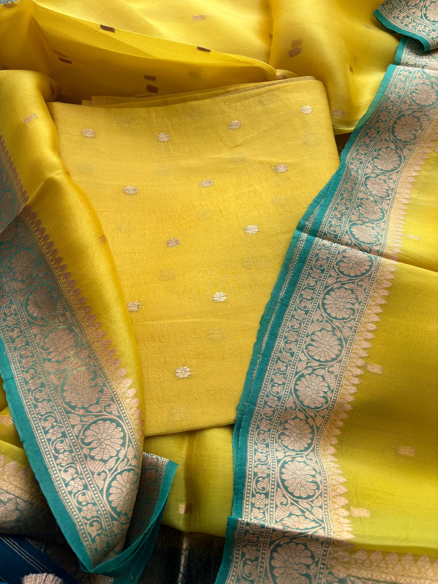 Yellow kora suit with shaded dupatta