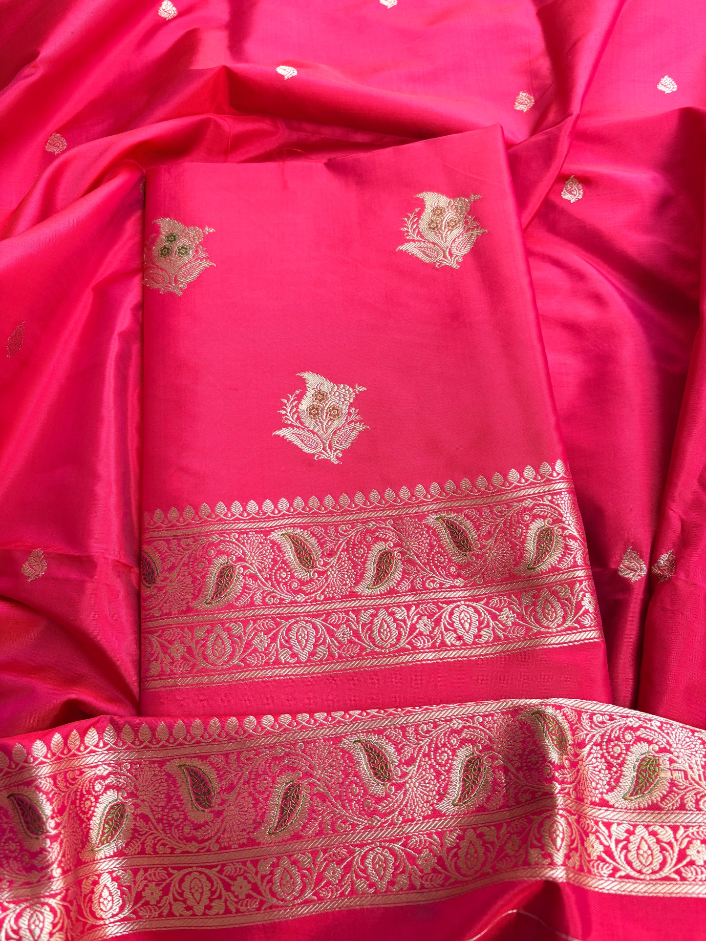 Red pink dhoop chau Meenakari katan silk suit set