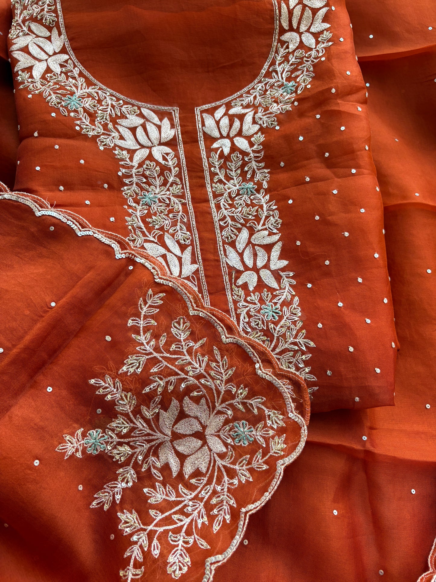 Rust kora silk hand embroidery suit set