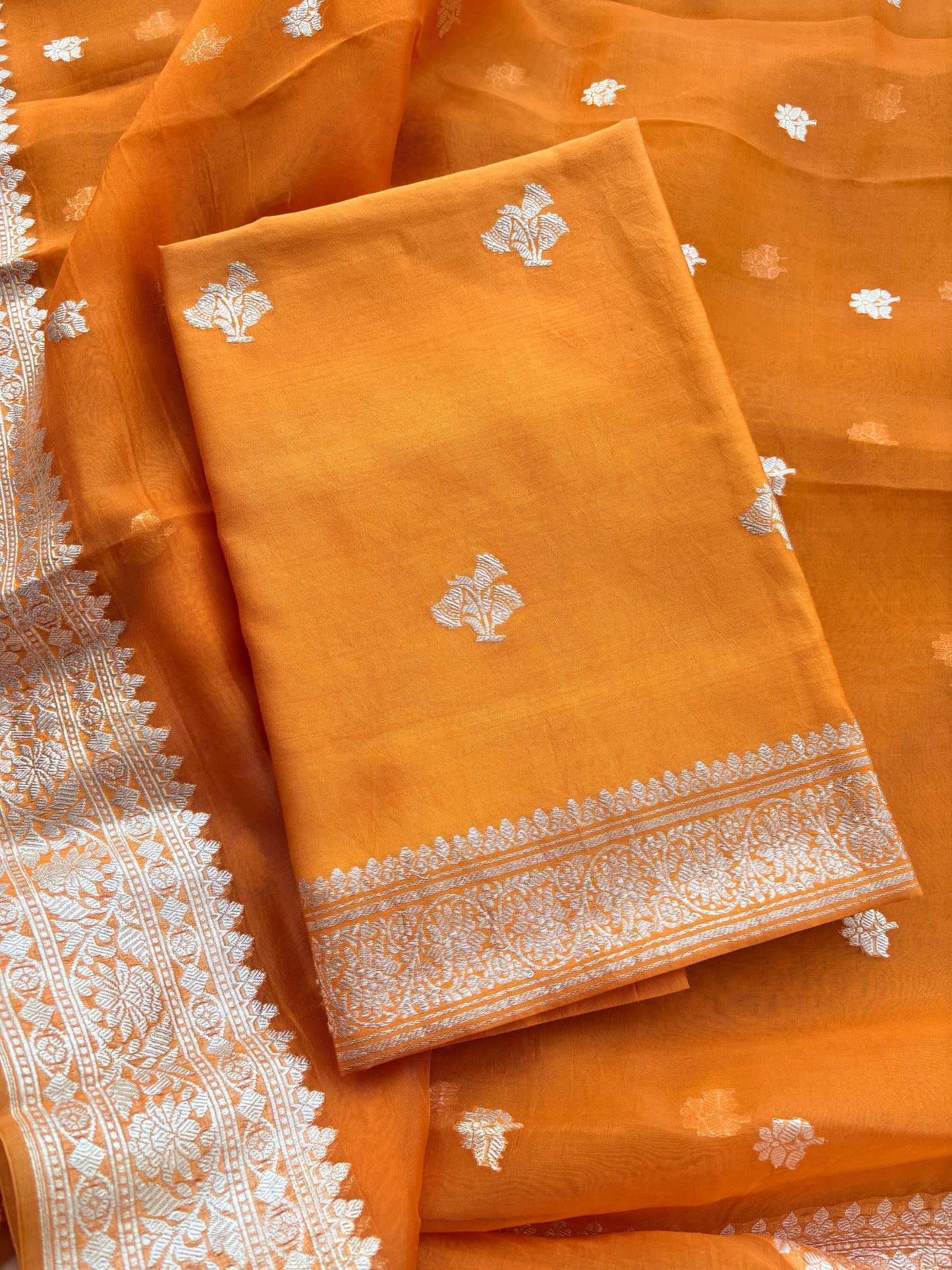 Orange Chiniya kora silk pure silver zari suit set