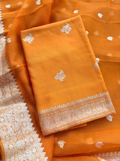 Orange Chiniya kora silk pure silver zari suit set