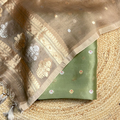Olive green kurta with brown kora dupatta