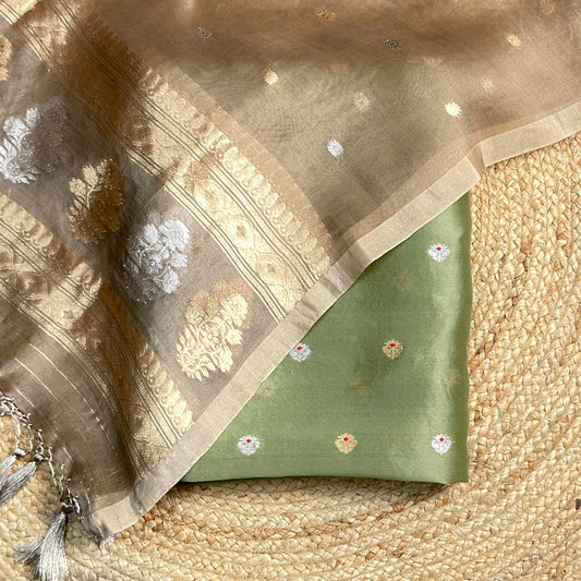 Olive green kurta with brown kora dupatta