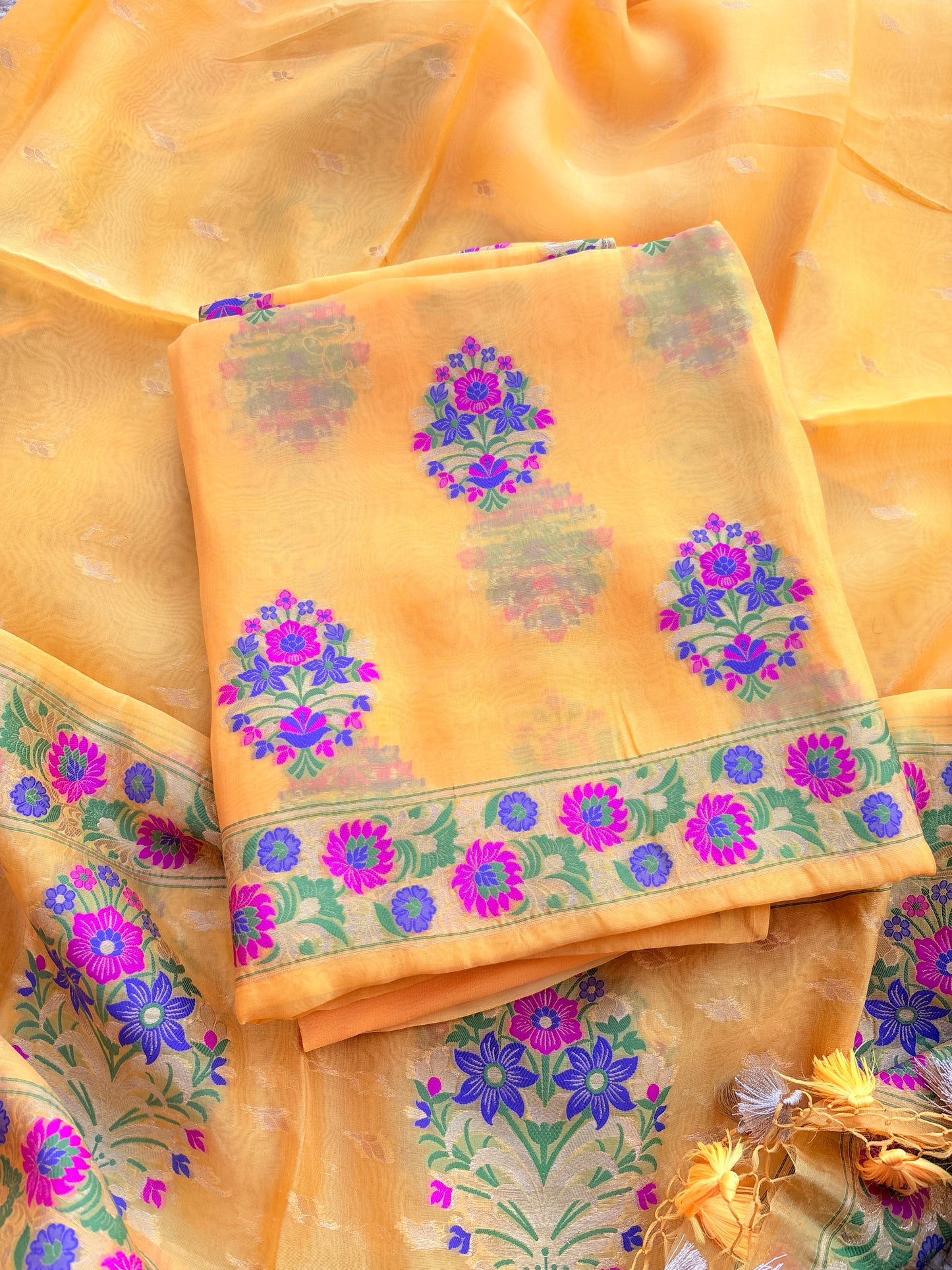 Yellow kora silk meenadar suit set