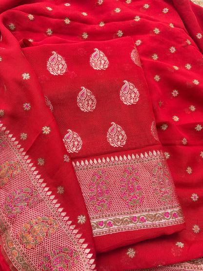 Red Khaddi chiffon meenadar suit set