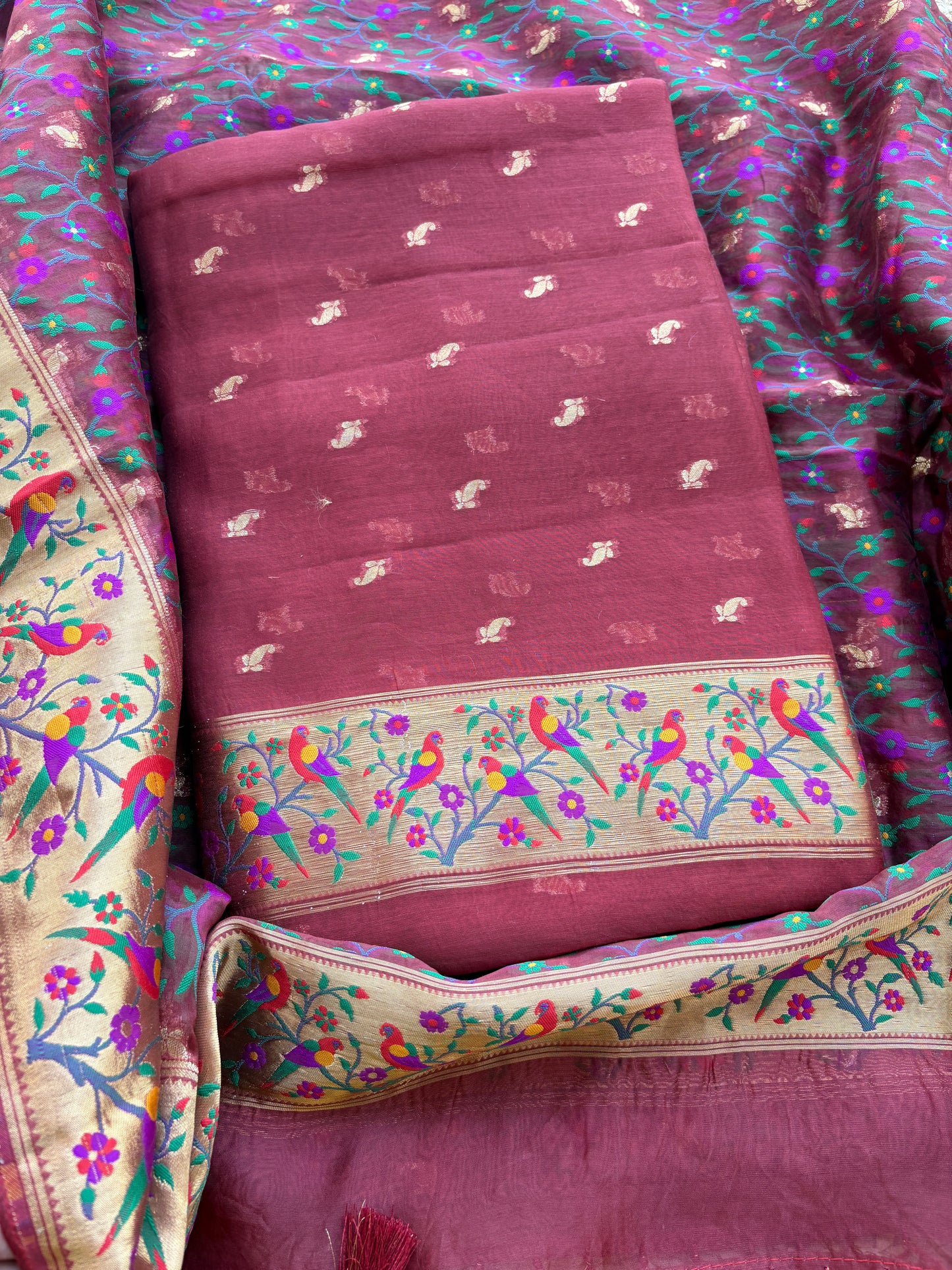 Rust kora silk paithani suit set