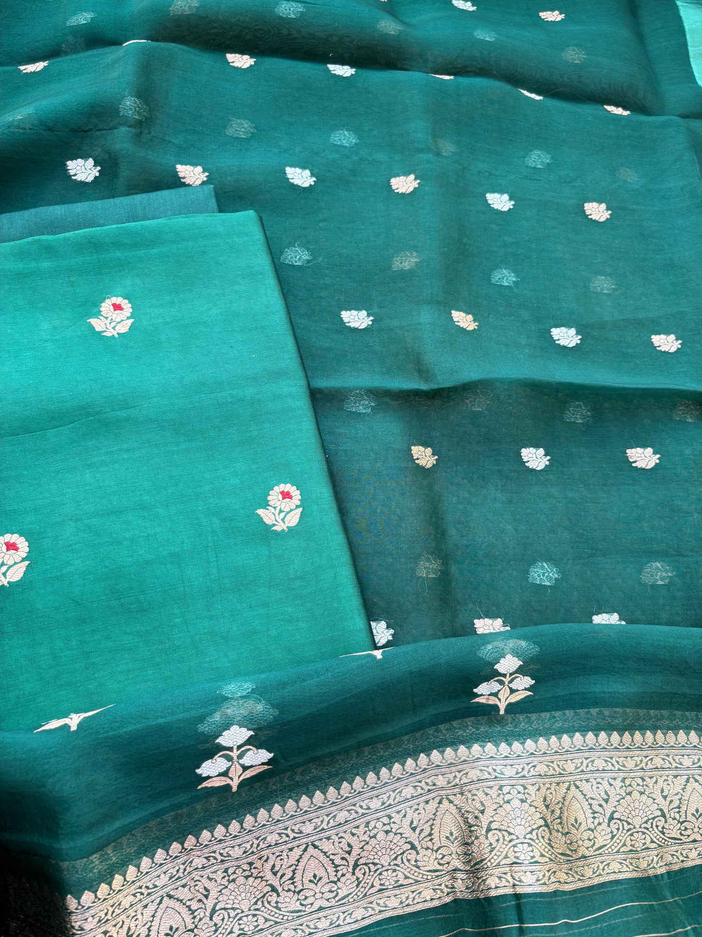 Green Chiniya silk kora dupatta suit set