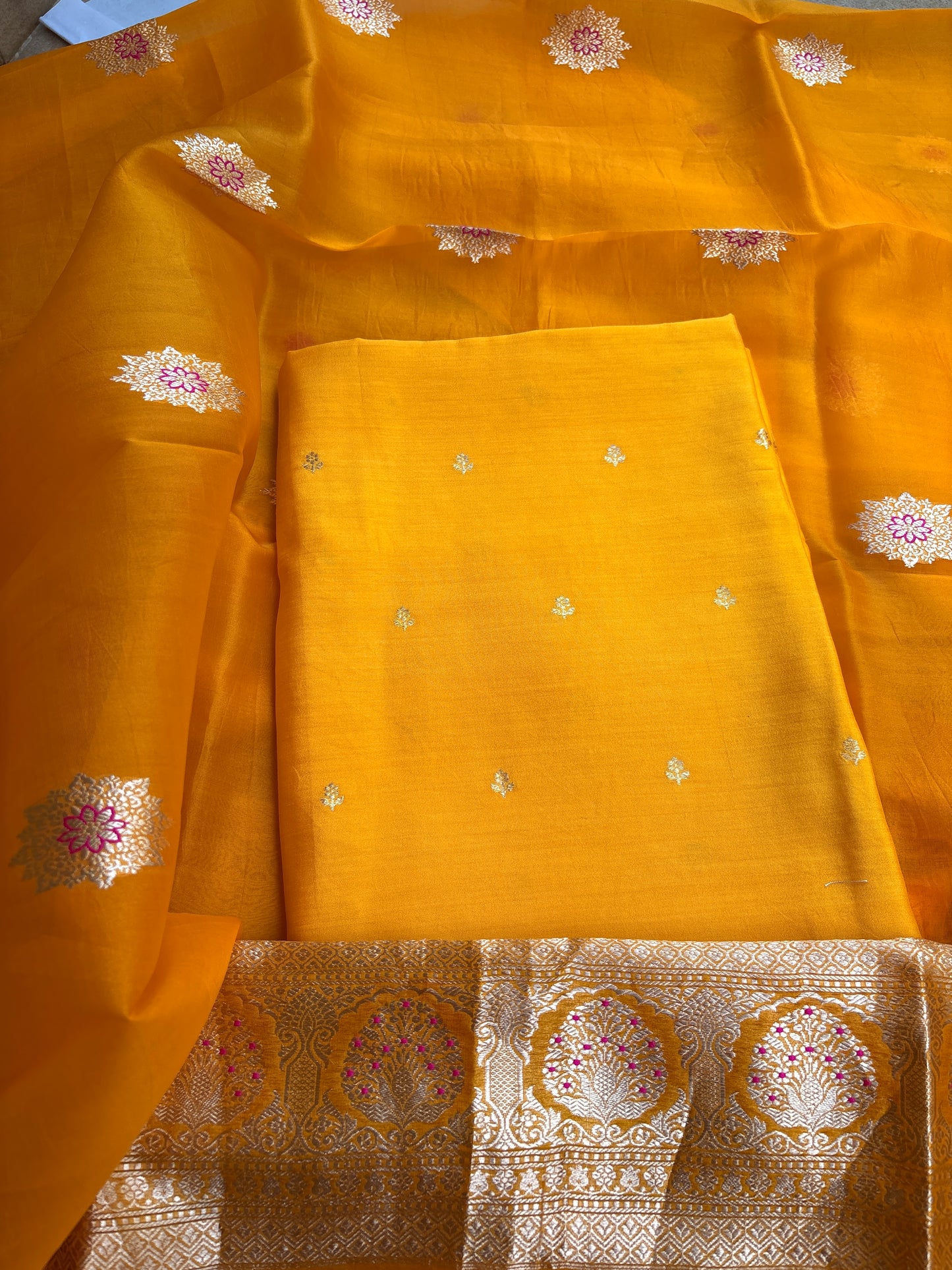 Yellow Chiniya silk kurta , bottom and kora silk dupatta